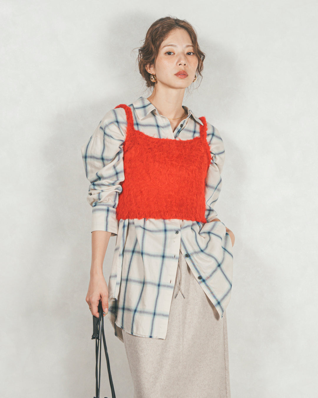 ［SET］Looseチェックシャツ+モヘアタッチKnitビスチェ