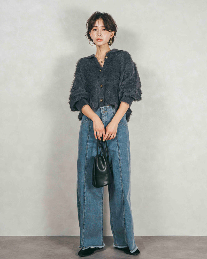 フェザーヤーン 衿付きカーディガン (CHACOAL)