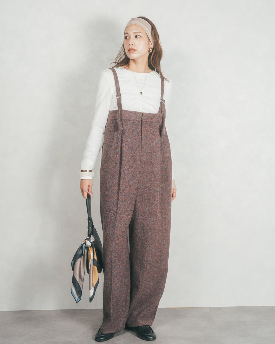 ［SET］【2枚SET】チュールシャーリングトップス＆リブトップス+Tweedベロアサロペット（2SET）
