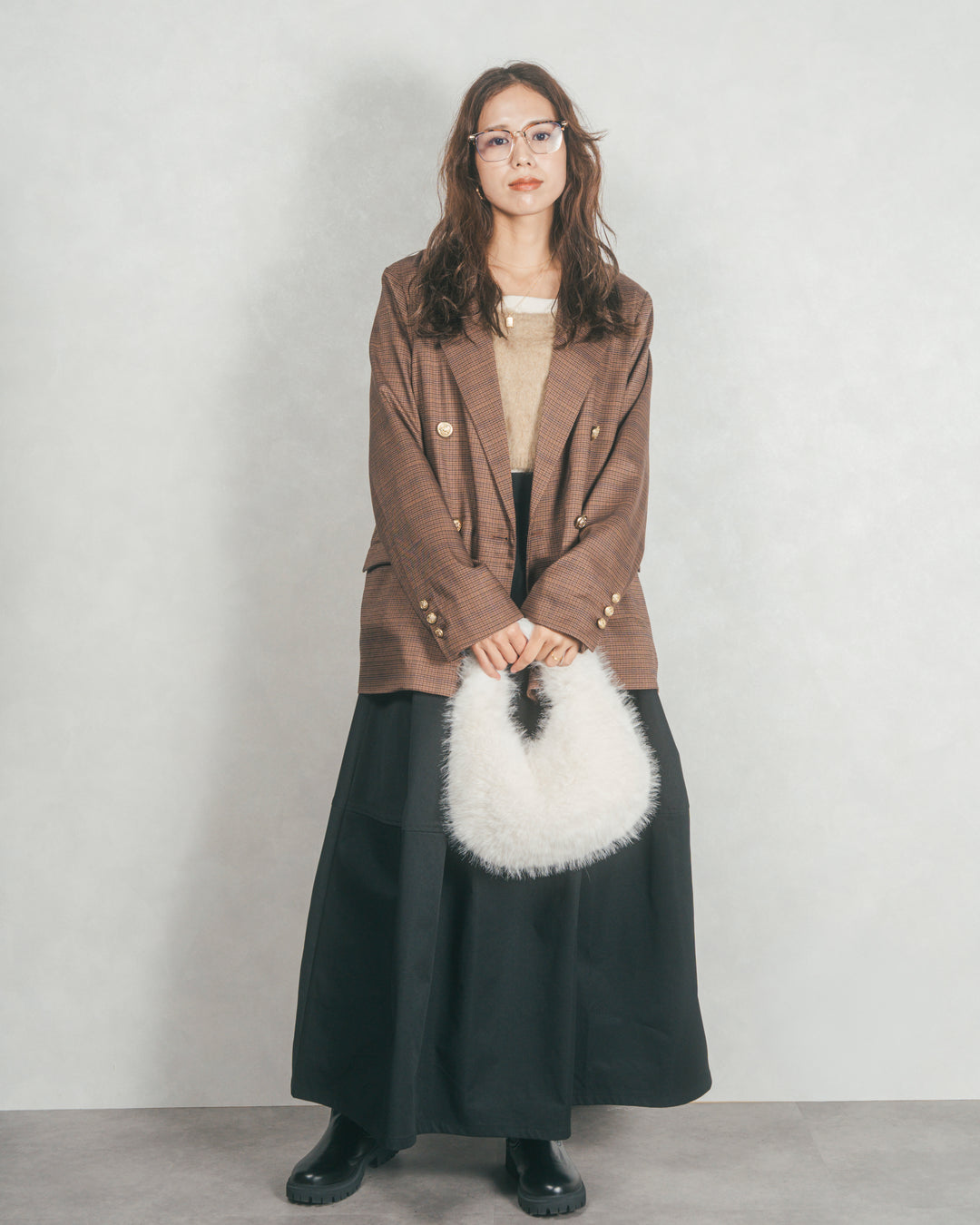 ［SET］Effortless チェックジャケット+コクーンシルエットロングスカート（2SET）