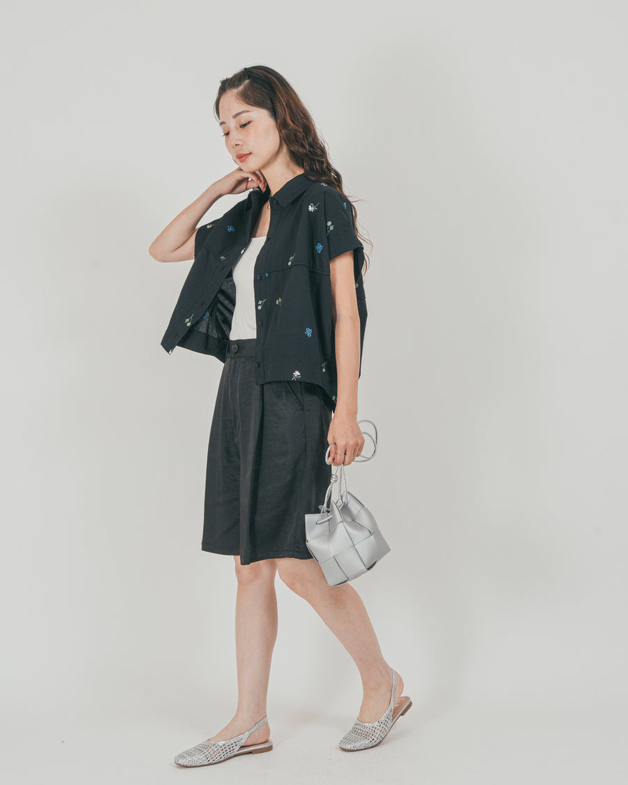 ［SET］Flower刺繍コクーンシャツ + Vintageサテン　ハーフパンツ（2SET）