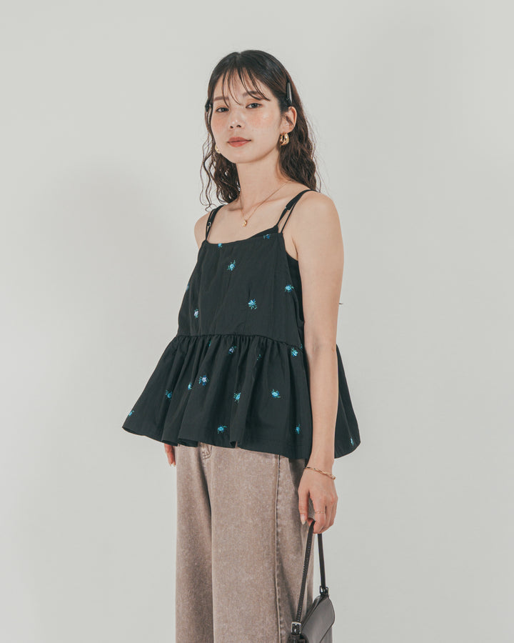 ［SET］Flower刺繍　ボリュームキャミ + 10oz サイドタック リラックスデニムパンツ（2SET）