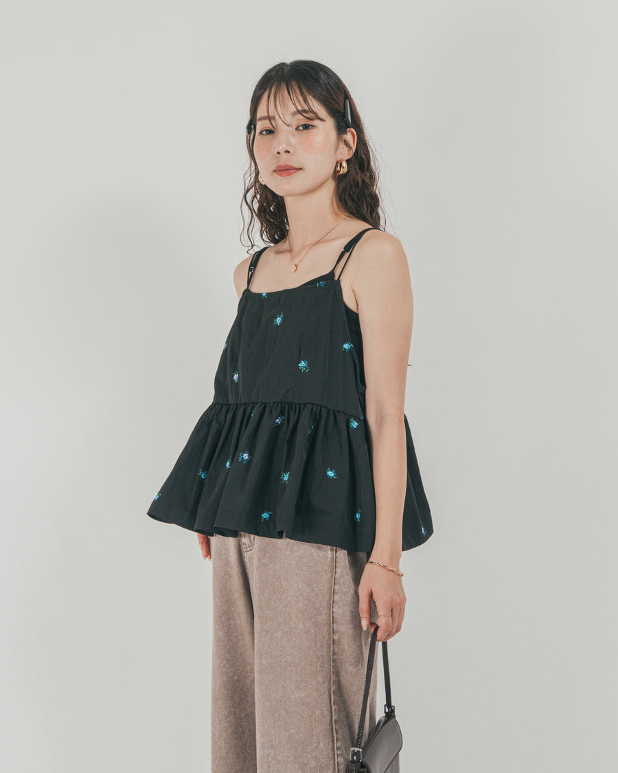 ［SET］Flower刺繍　ボリュームキャミ + 10oz サイドタック リラックスデニムパンツ（2SET）