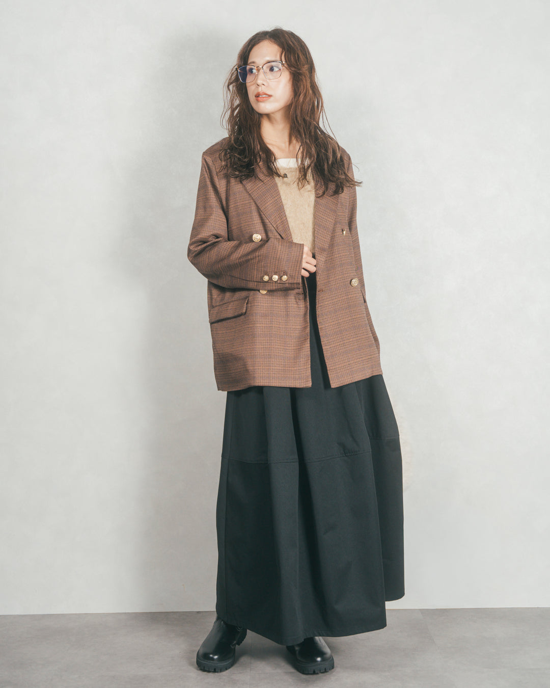 ［SET］Effortless チェックジャケット+コクーンシルエットロングスカート（2SET）