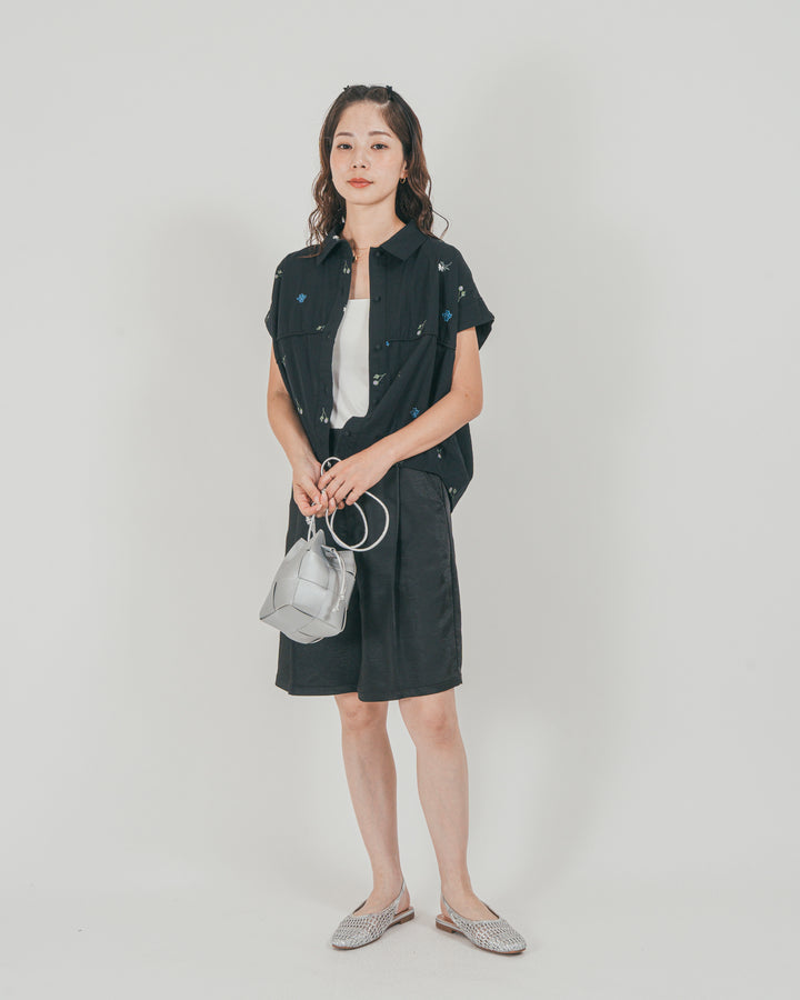 ［SET］Flower刺繍コクーンシャツ + Vintageサテン　ハーフパンツ（2SET）