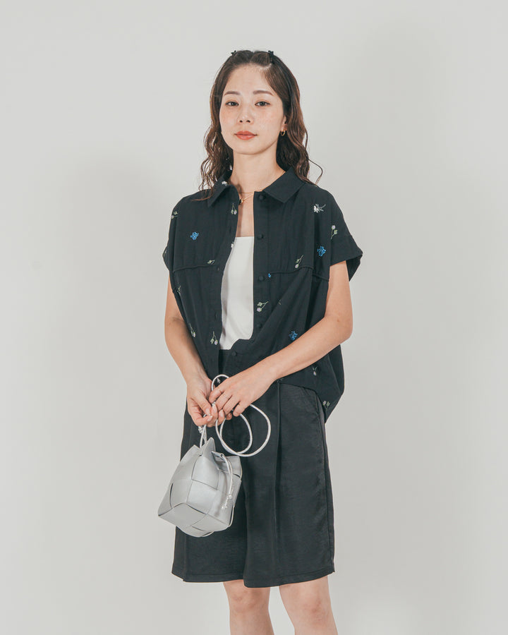 ［SET］Flower刺繍コクーンシャツ + Vintageサテン　ハーフパンツ（2SET）