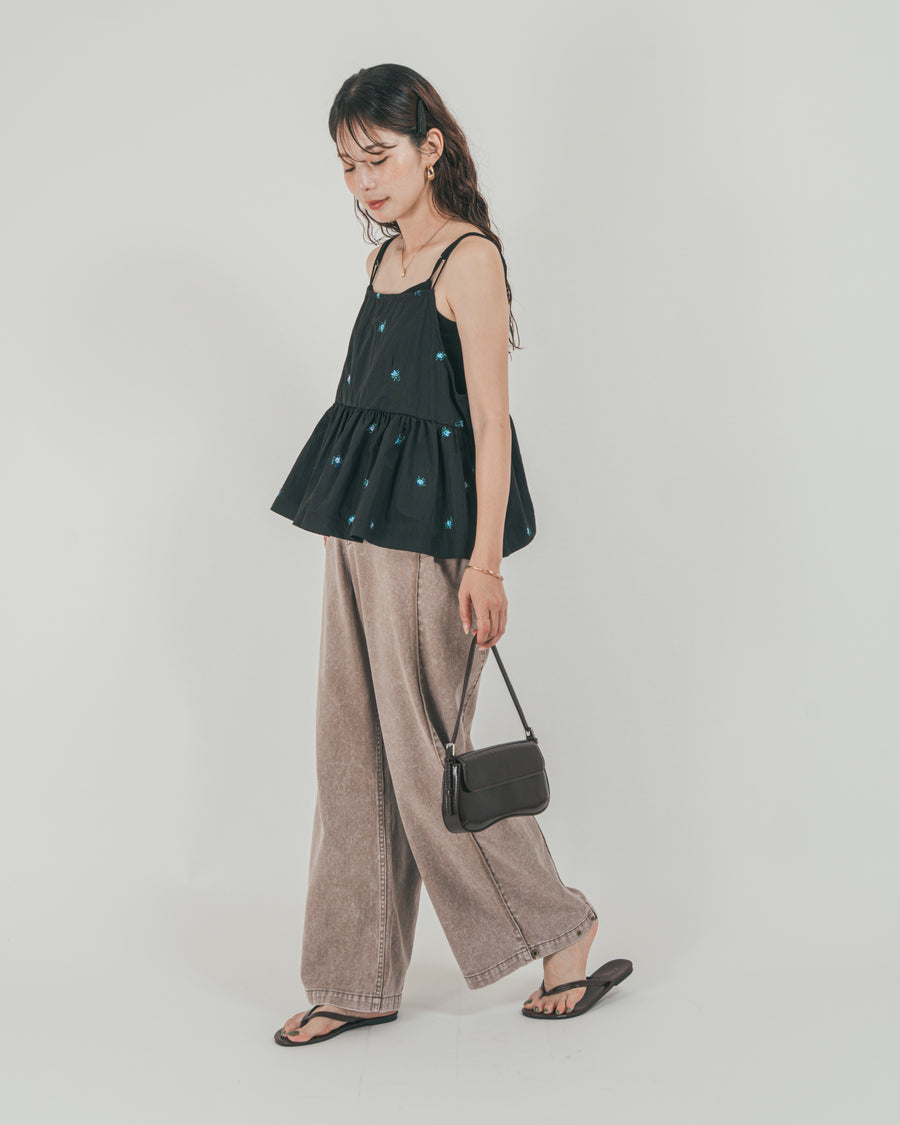 ［SET］Flower刺繍　ボリュームキャミ + 10oz サイドタック リラックスデニムパンツ（2SET）