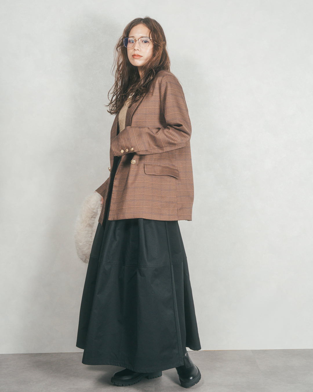 ［SET］Effortless チェックジャケット+コクーンシルエットロングスカート（2SET）
