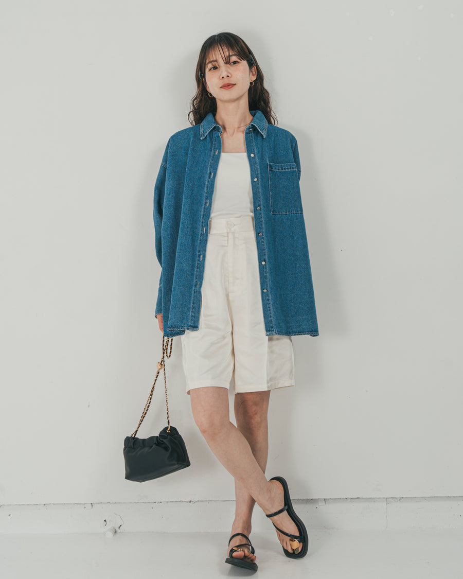 ［SET］Airy Denim オーバーシャツ + Vintageサテン　ハーフパンツ（2SET）