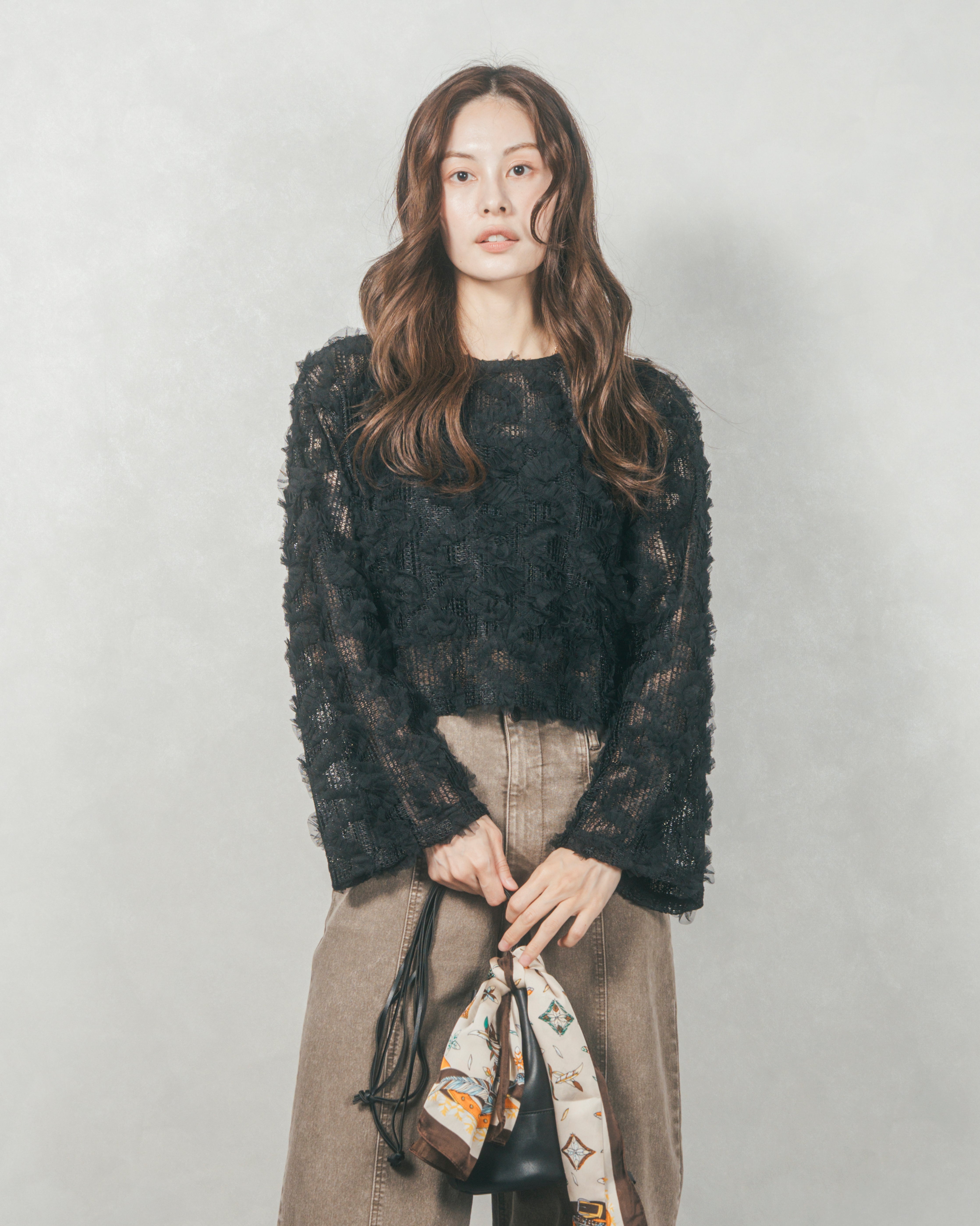 SET］チュールメッシュクロップドトップス+センターシーム