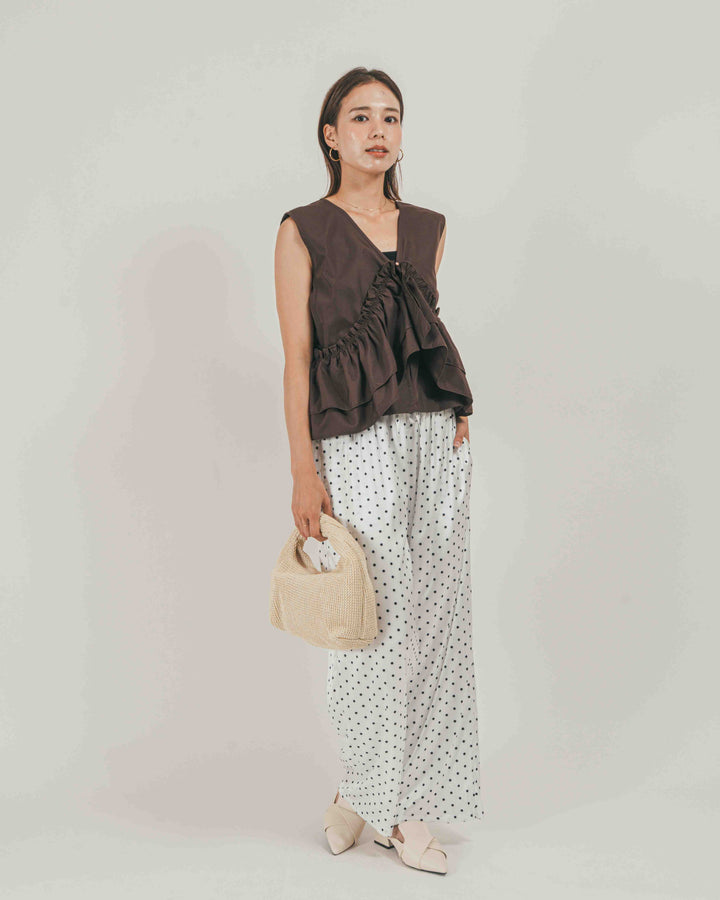 ［SET］ブロード 2Way フリルブラウス + ドットサテンパンツ（2SET）