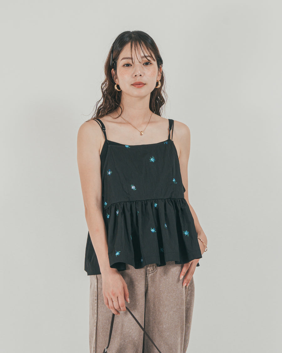 ［SET］Flower刺繍　ボリュームキャミ + 10oz サイドタック リラックスデニムパンツ（2SET）