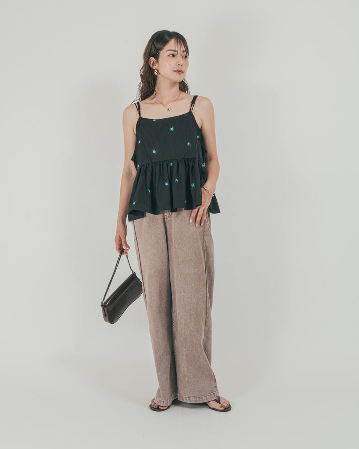 ［SET］Flower刺繍　ボリュームキャミ + 10oz サイドタック リラックスデニムパンツ（2SET）