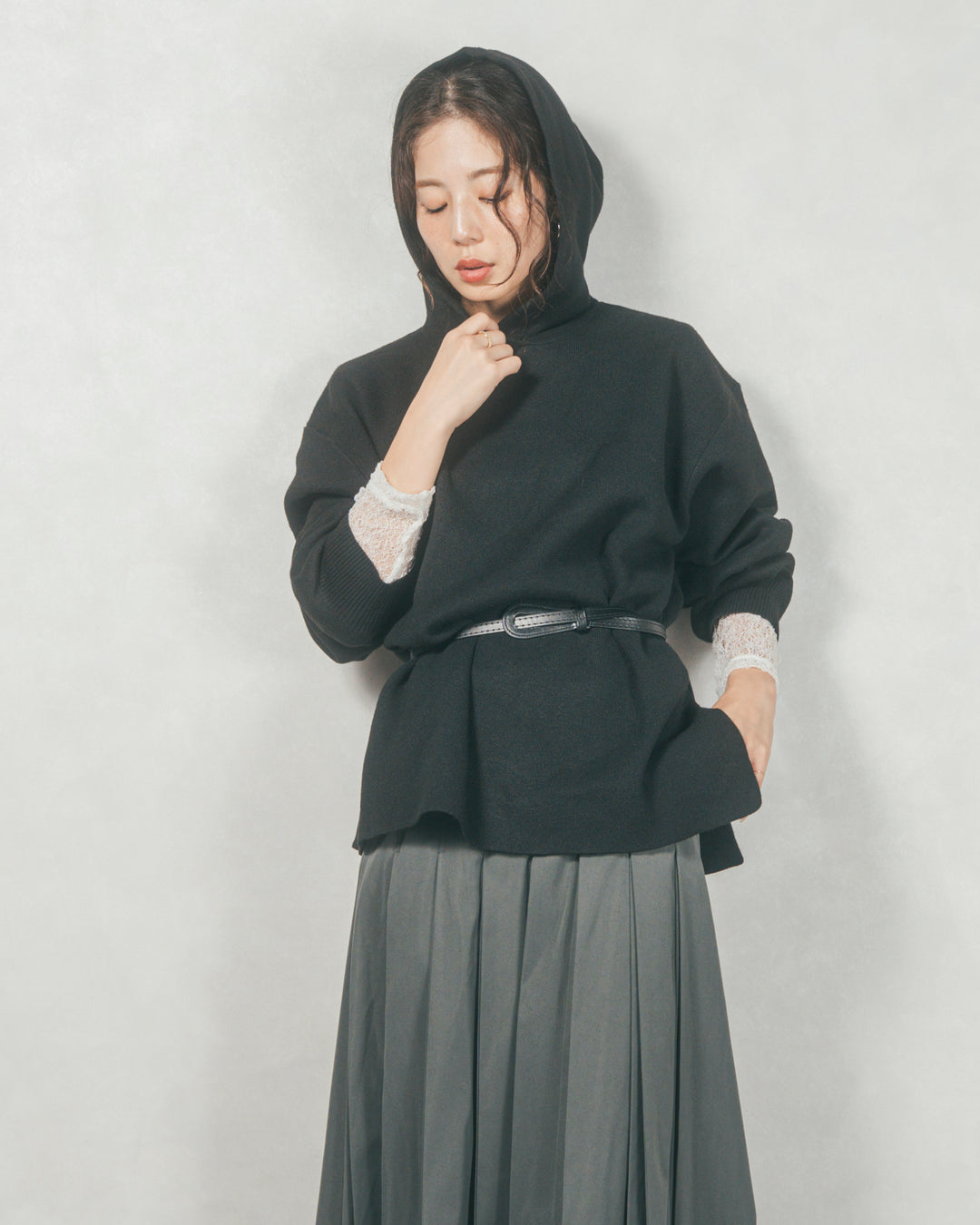 ［SET］Souffleニットフーディー+W-Tuckプリーツロングスカート（2SET）