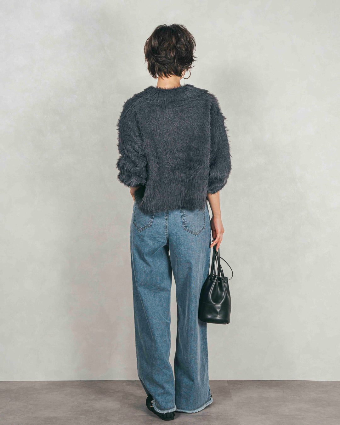 ［SET］フェザーヤーン 衿付きカーディガン+センターシーム リラックスワイドデニム（2SET）