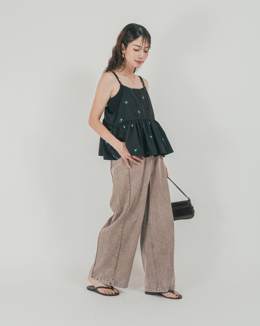 ［SET］Flower刺繍　ボリュームキャミ + 10oz サイドタック リラックスデニムパンツ（2SET）