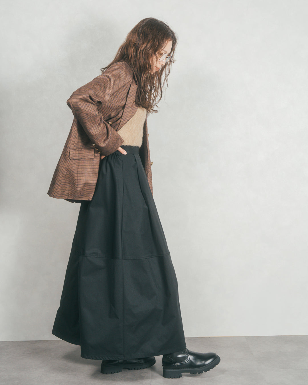 ［SET］Effortless チェックジャケット+コクーンシルエットロングスカート（2SET）