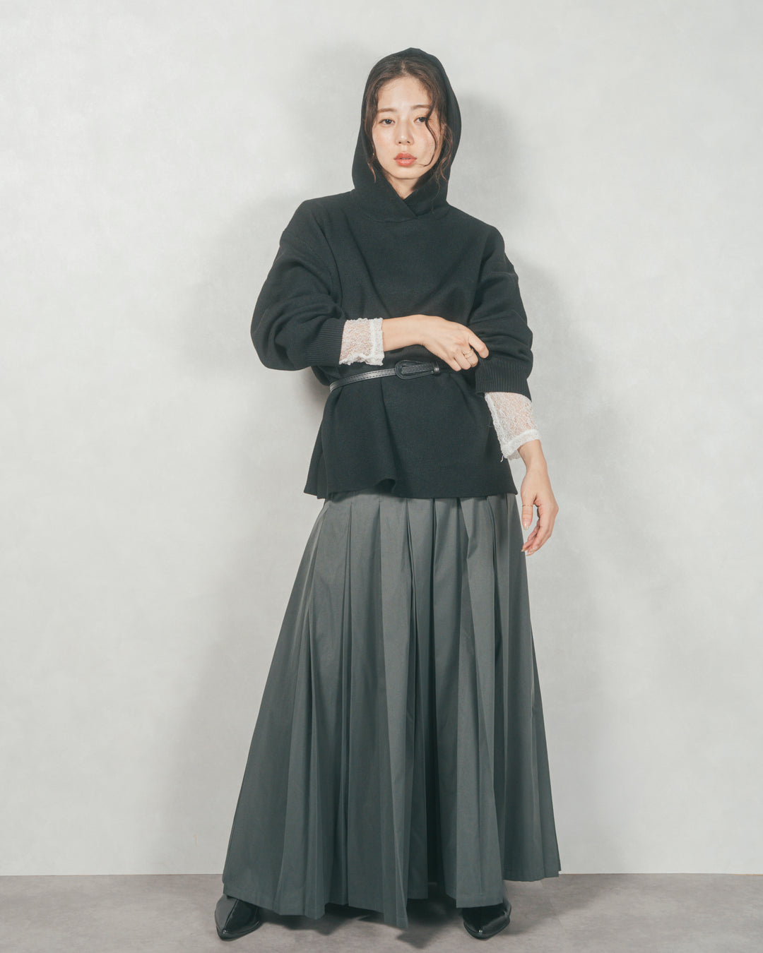 ［SET］Souffleニットフーディー+W-Tuckプリーツロングスカート（2SET）