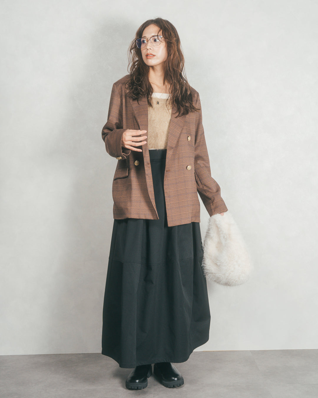 ［SET］Effortless チェックジャケット+コクーンシルエットロングスカート（2SET）