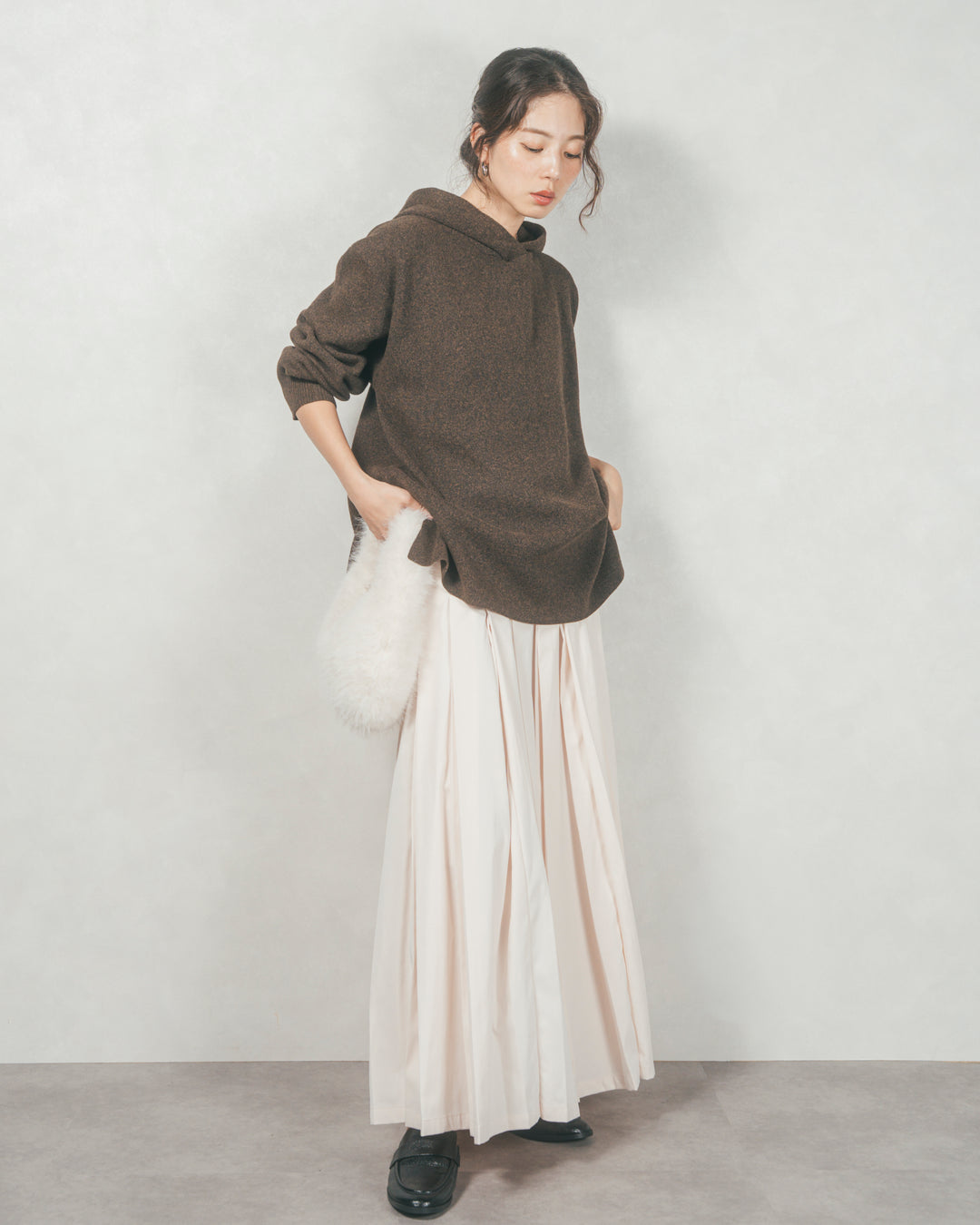 ［SET］Souffleニットフーディー+W-Tuckプリーツロングスカート（2SET）