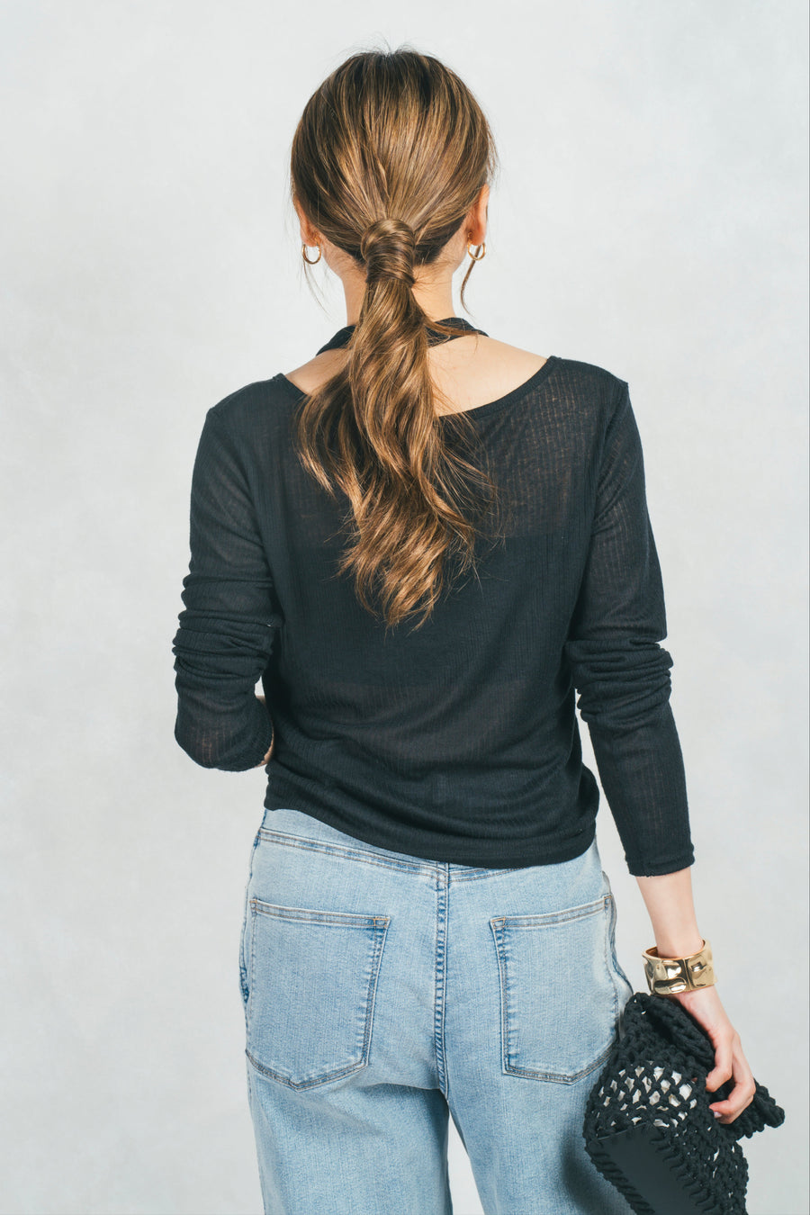 ［SET］リブレイヤードシアートップス+アジャストロールアップストレートデニム(2SET)