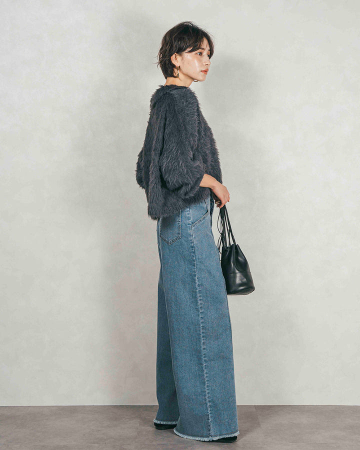 ［SET］フェザーヤーン 衿付きカーディガン+センターシーム リラックスワイドデニム（2SET）