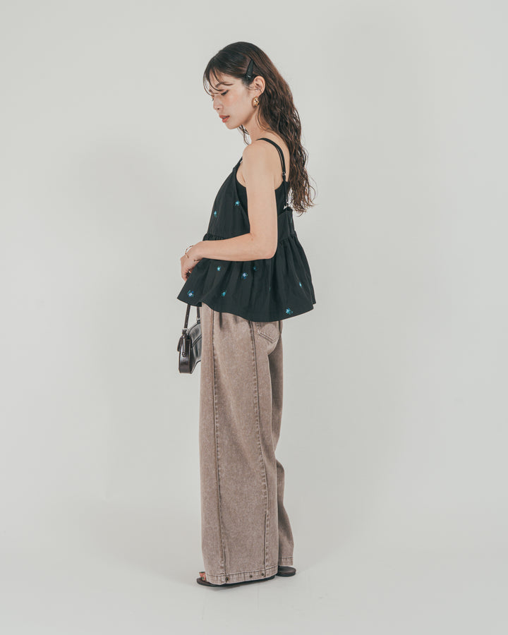 ［SET］Flower刺繍　ボリュームキャミ + 10oz サイドタック リラックスデニムパンツ（2SET）