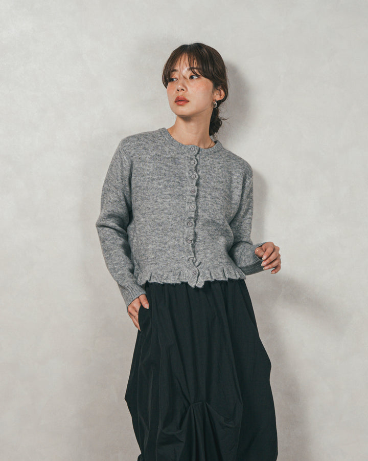 ［SET］フロントフリルメランジニットカーデ+ヴィンテージブロードランダムタックスカート（2SET）