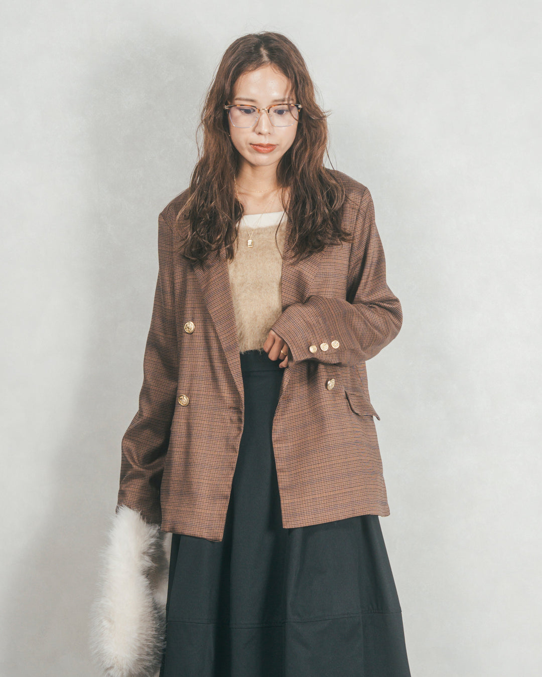 ［SET］Effortless チェックジャケット+コクーンシルエットロングスカート（2SET）