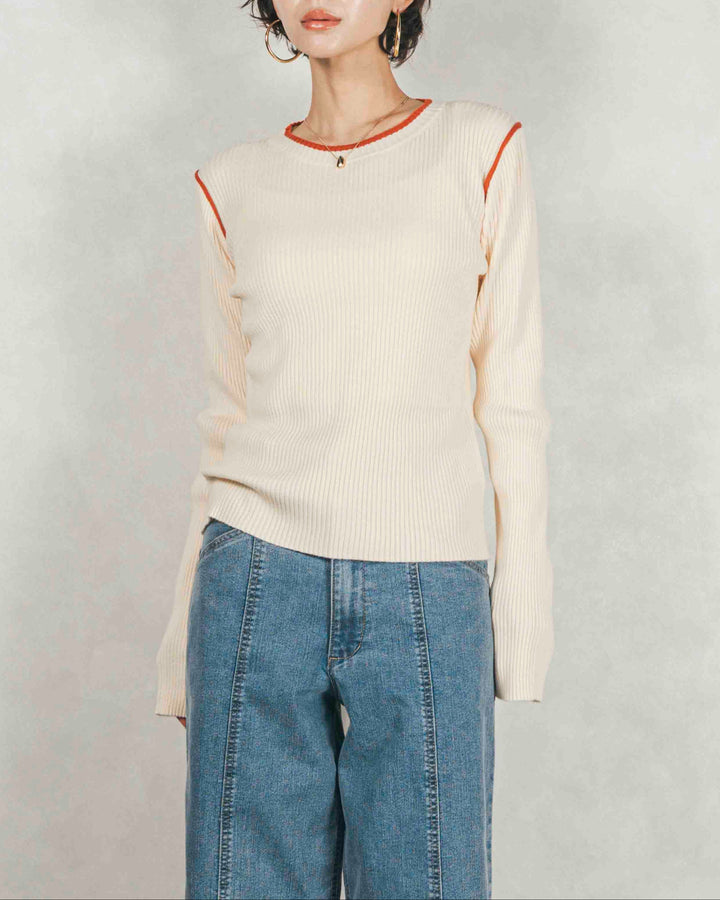 バイカラークルーネックニットトップス（IVORY x ORENGE）