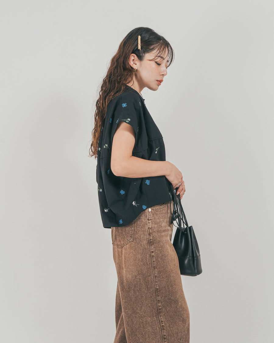 ［SET］Flower刺繍コクーンシャツ + ウエストデザイン カーブデニム（2SET）
