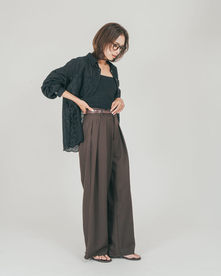 ［SET］コットンフラワーレースシャツ + ダブルタック ハイウエストワイドパンツ（2SET）