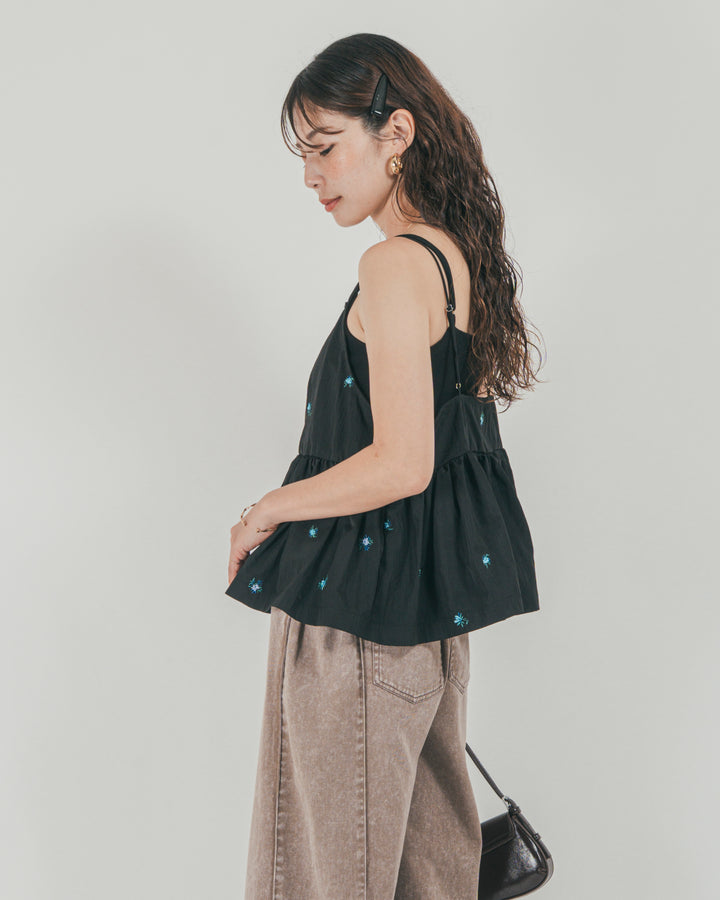 ［SET］Flower刺繍　ボリュームキャミ + 10oz サイドタック リラックスデニムパンツ（2SET）