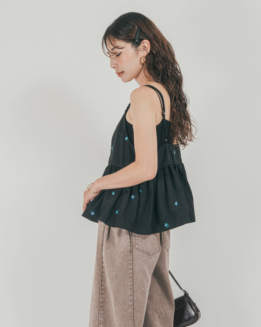 ［SET］Flower刺繍　ボリュームキャミ + 10oz サイドタック リラックスデニムパンツ（2SET）