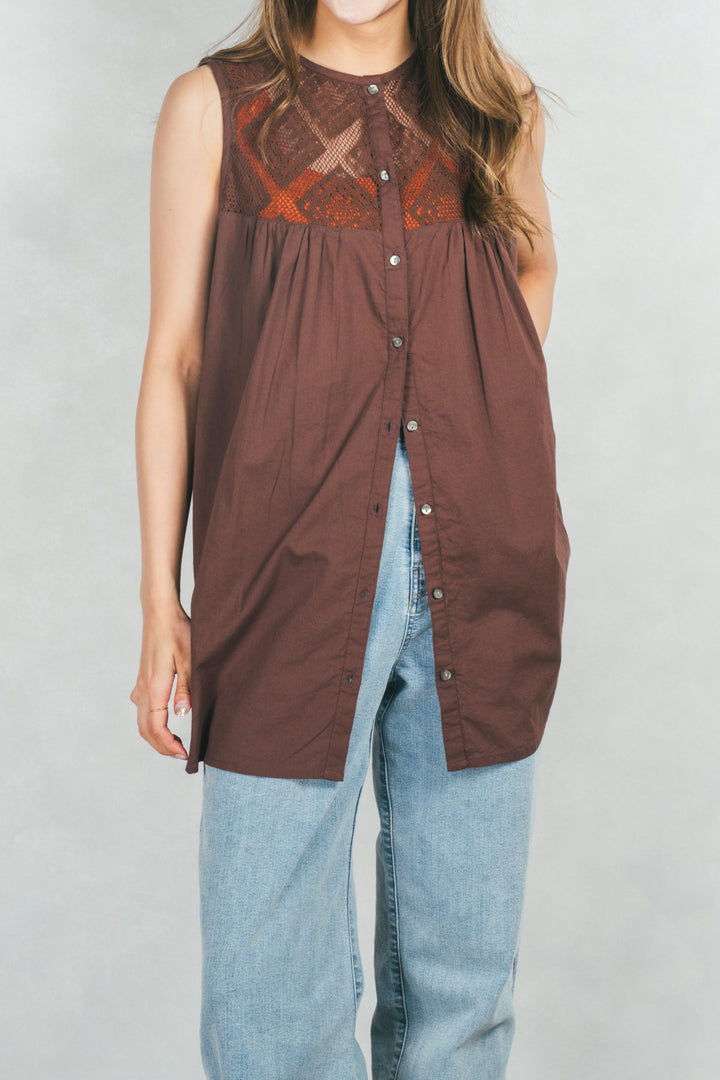 コットンレースサマーブラウス (BROWN)