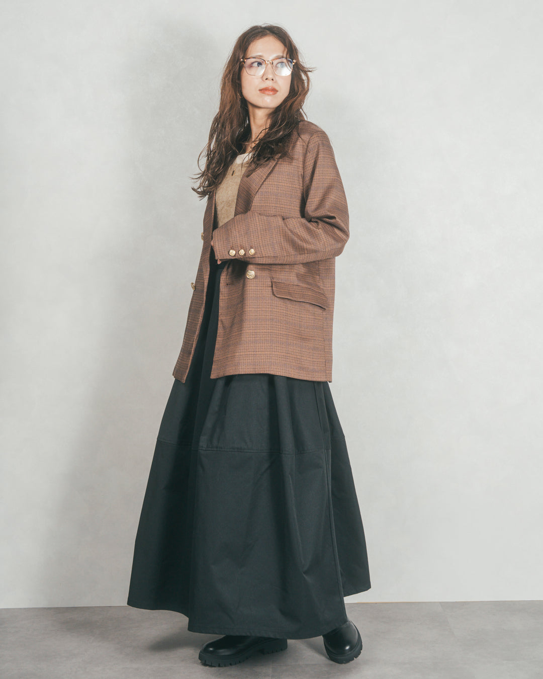 ［SET］Effortless チェックジャケット+コクーンシルエットロングスカート（2SET）