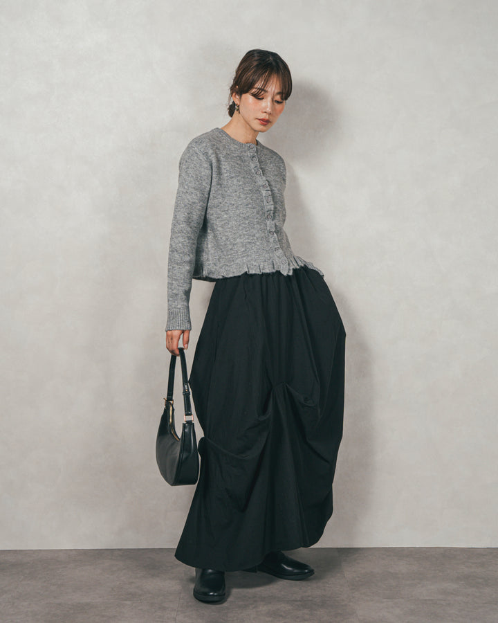 ［SET］フロントフリルメランジニットカーデ+ヴィンテージブロードランダムタックスカート（2SET）