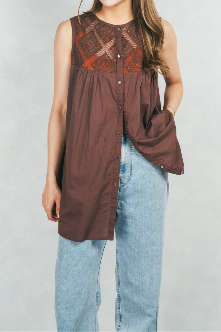 コットンレースサマーブラウス (BROWN)