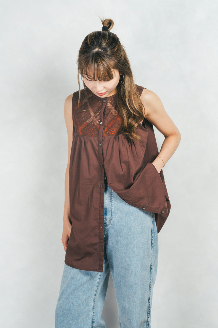 コットンレースサマーブラウス (BROWN)