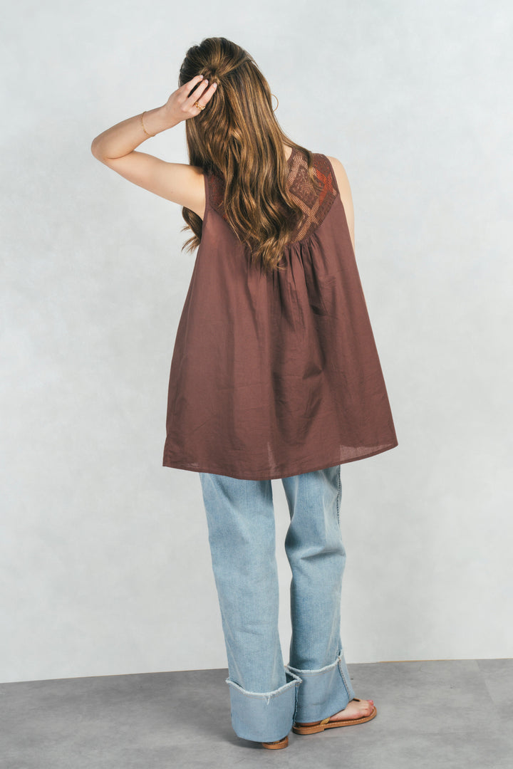 コットンレースサマーブラウス (BROWN)
