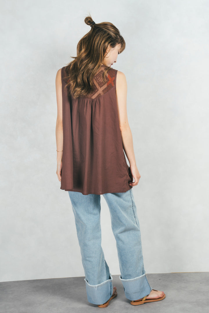 コットンレースサマーブラウス (BROWN)