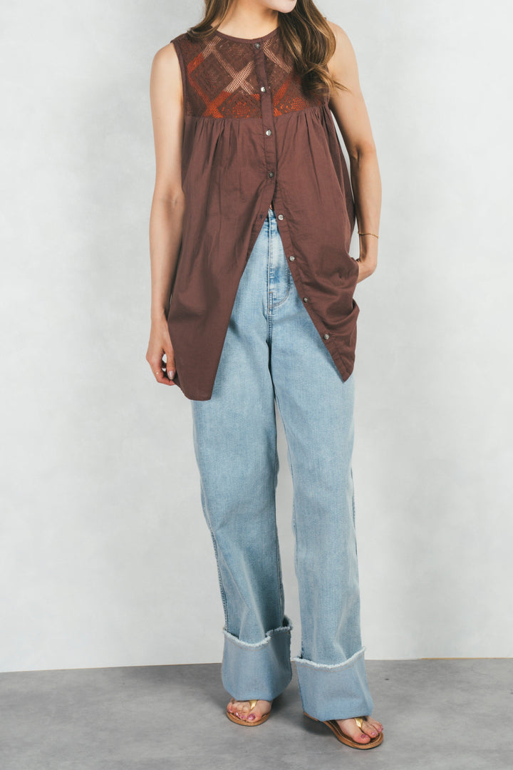 コットンレースサマーブラウス (BROWN)