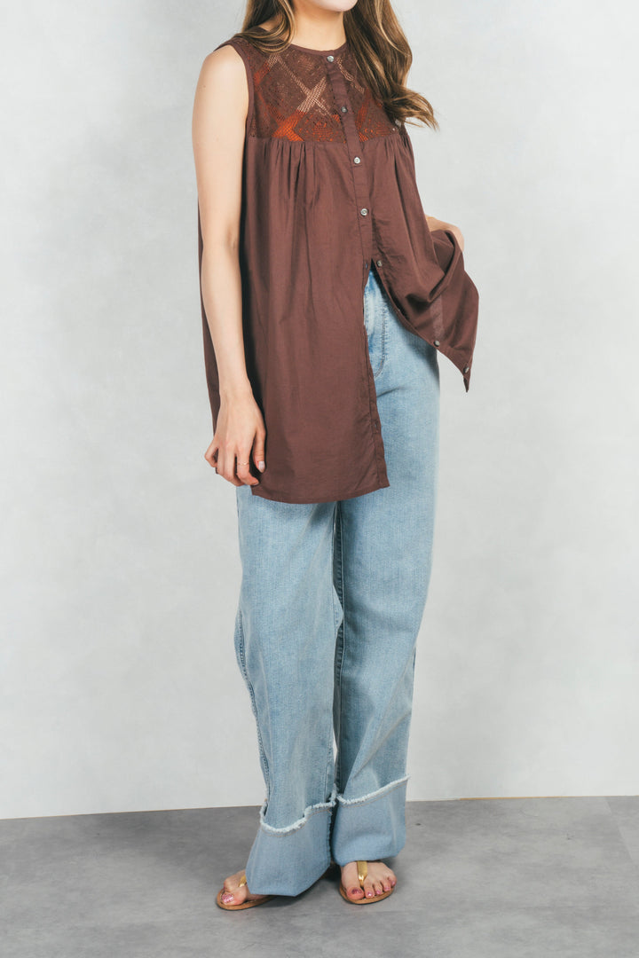 コットンレースサマーブラウス (BROWN)