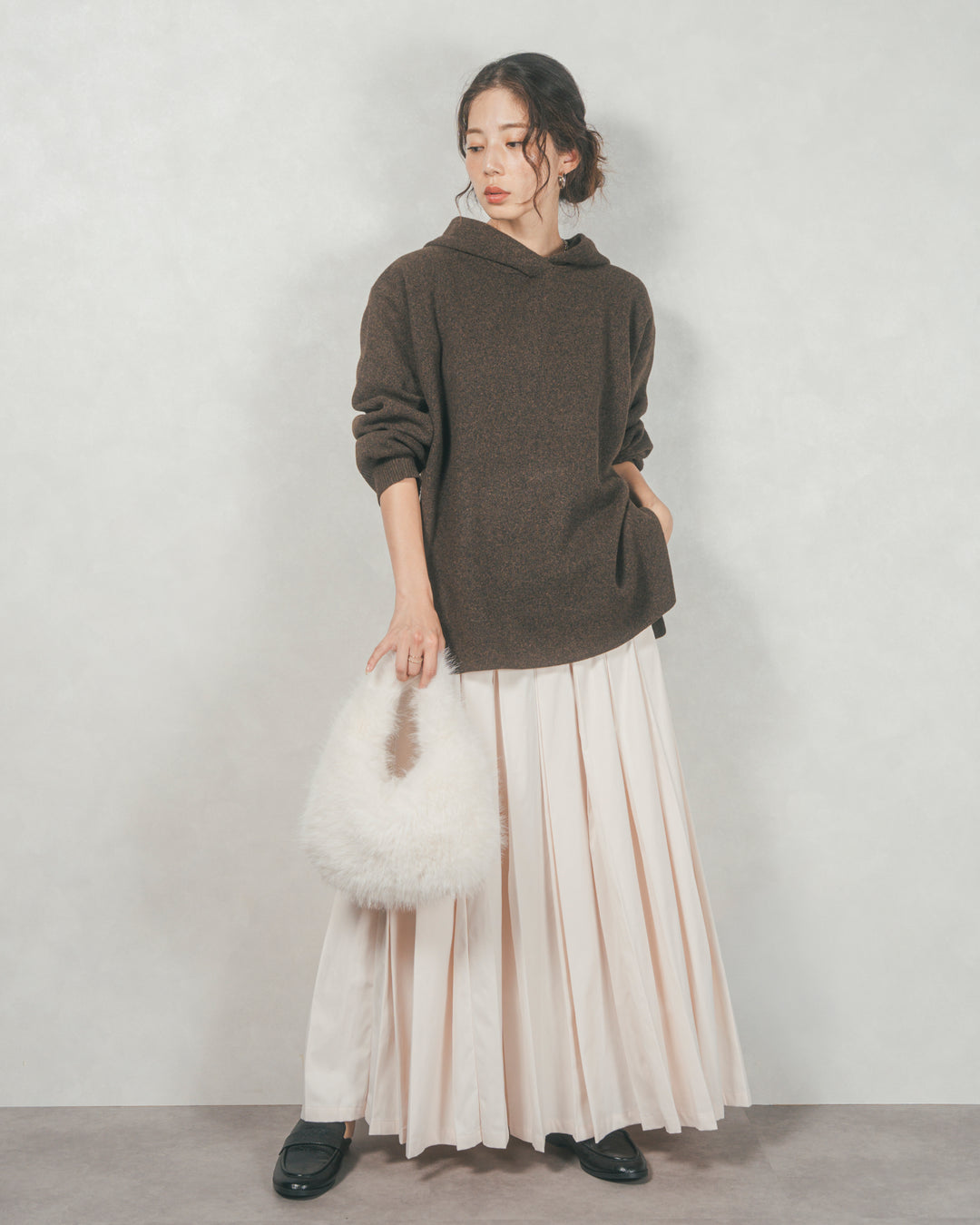 ［SET］Souffleニットフーディー+W-Tuckプリーツロングスカート（2SET）