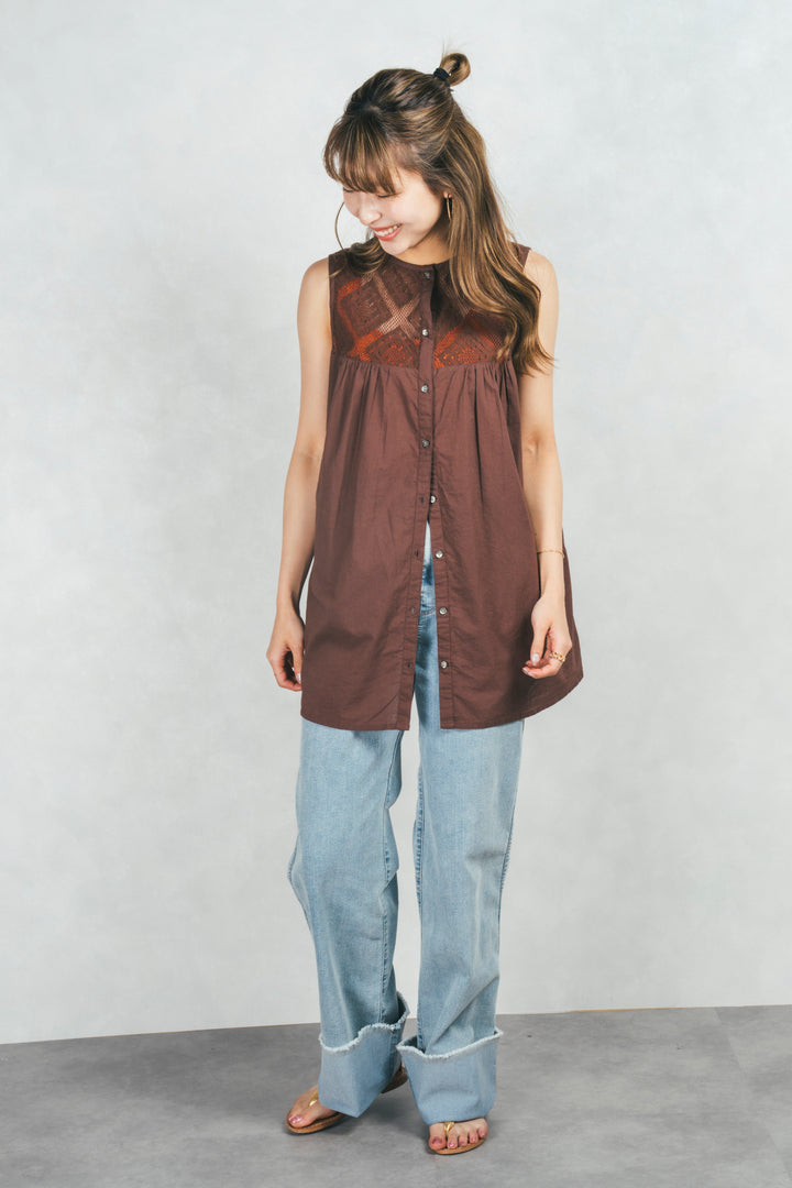 コットンレースサマーブラウス (BROWN)