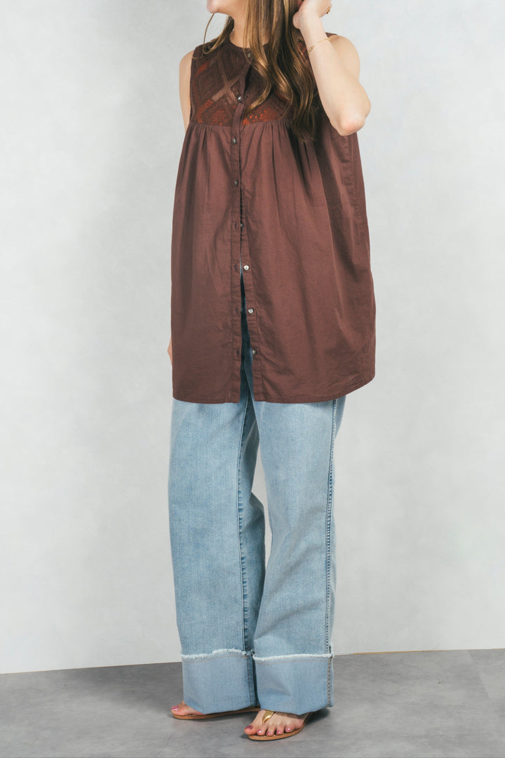 コットンレースサマーブラウス (BROWN)