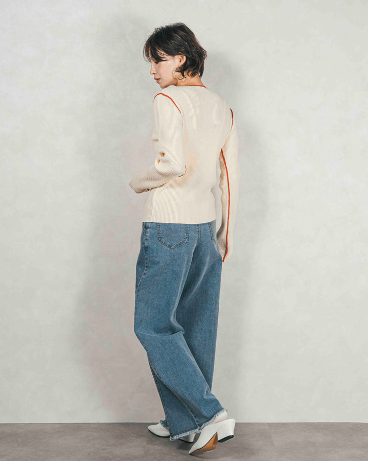 バイカラークルーネックニットトップス（IVORY x ORENGE）