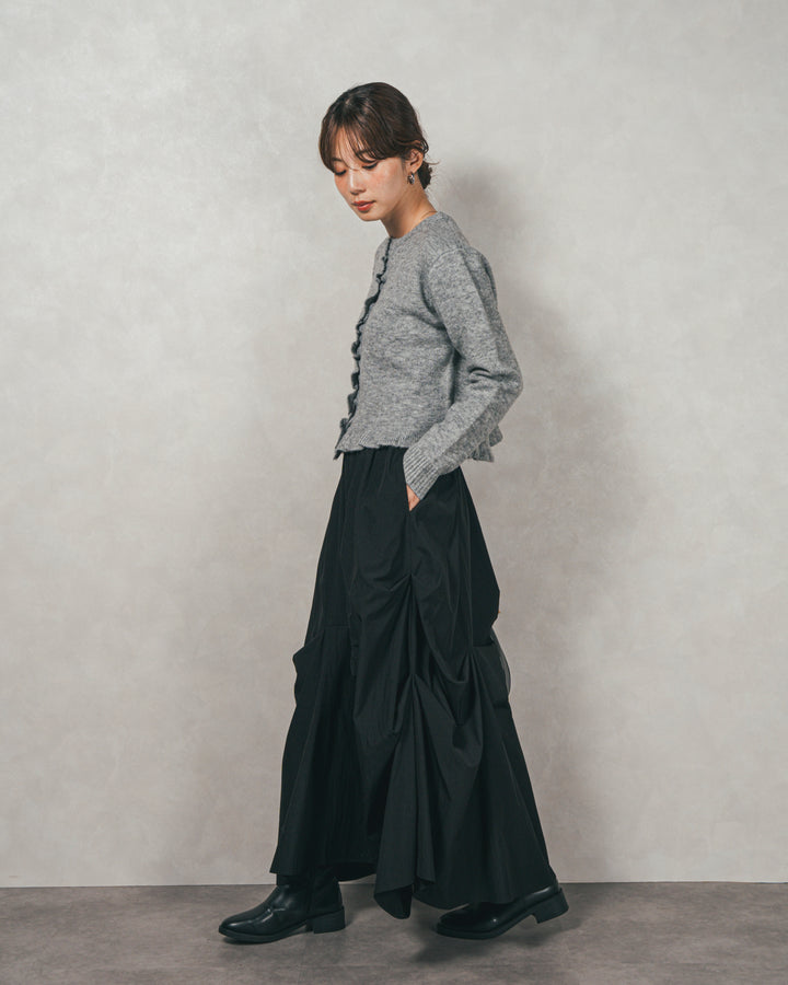 ［SET］フロントフリルメランジニットカーデ+ヴィンテージブロードランダムタックスカート（2SET）