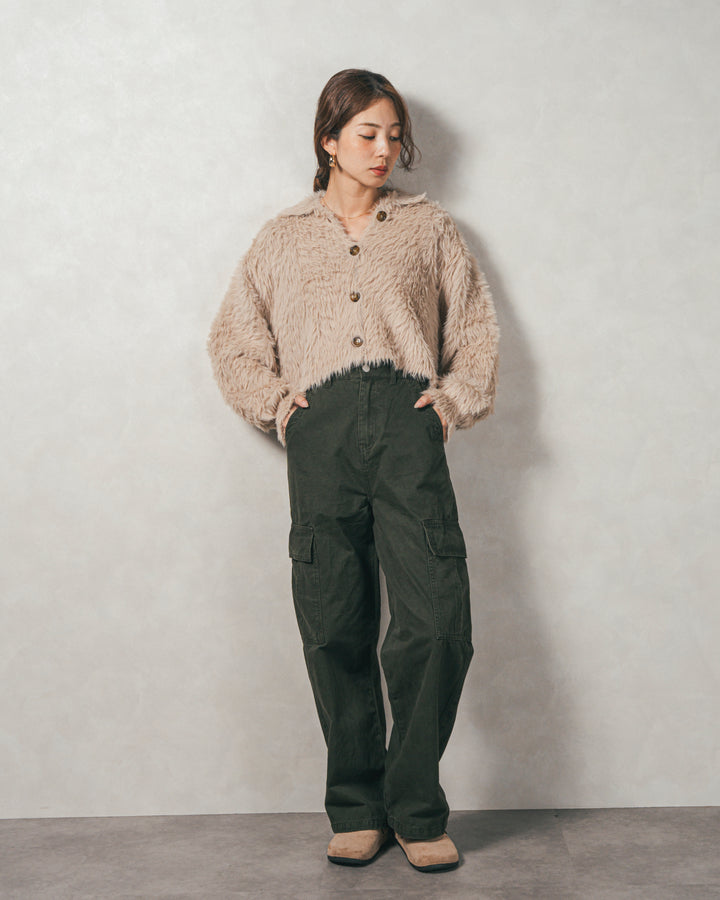 ［SET］フェザーヤーン 衿付きカーディガン+ピグメントツイルカーゴパンツ（2SET）