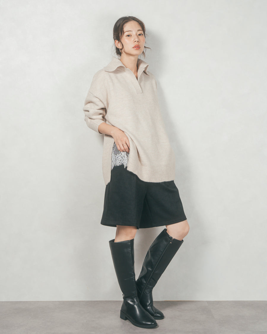［SET］サイドスリット襟付きスキッパーニット+スウェードライクハーフパンツ（2SET）